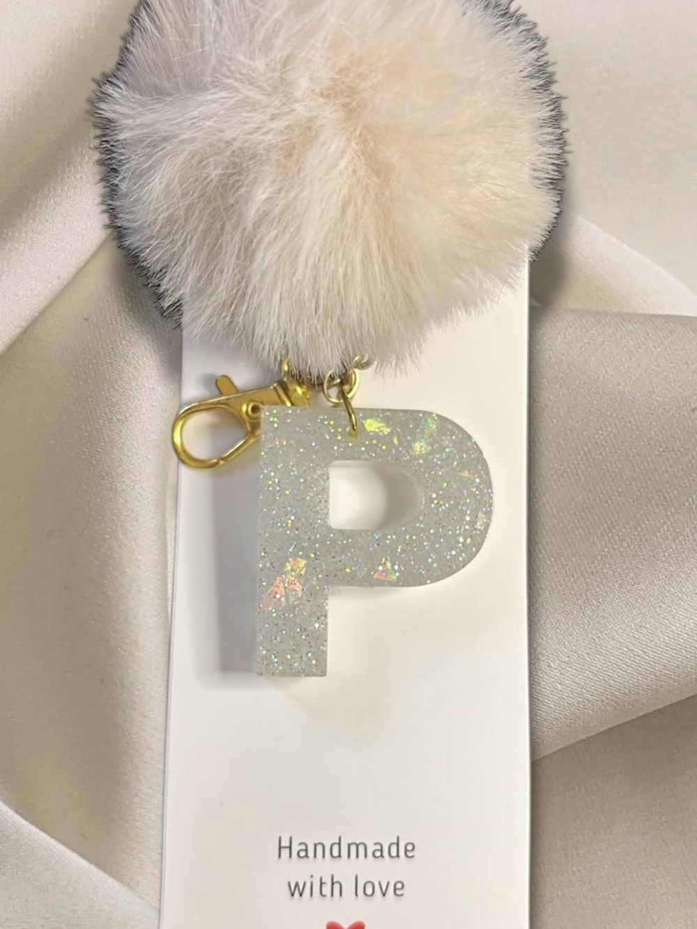 Sparkling White 'P' Initial Pom Keychain